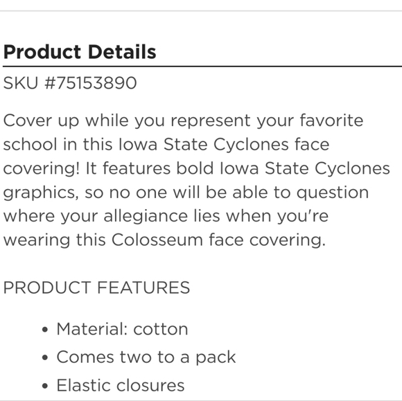 NWT Unisex Iowa State Cyclones Colosseum 2 Pack Face Coverings - Picture 5 of 6